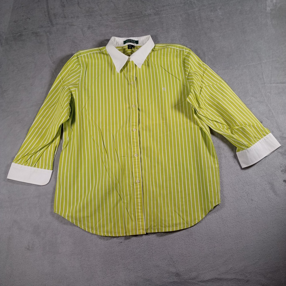Lauren Ralph Lauren Striped Shirt Womens Large Green White Contrast Collar Prep